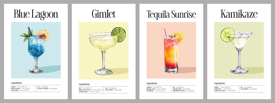 Blue Lagoon, Gimlet, Tequila Sunrise, and Kamikaze cocktails in watercolor style with garnish and recipe ingredients. Poster template for bar menu or mixology design. Cocktail recipe concept.