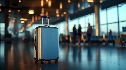 Silver suitcase stands alone in a bustling airport terminal, awaiting its owner.
