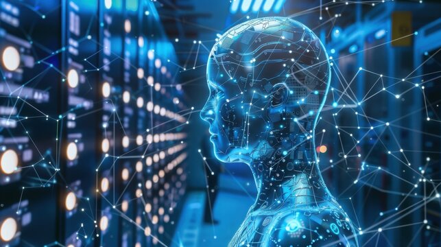 Artificial intelligence head with network connections in a server room in blue light - Powered by Adobe