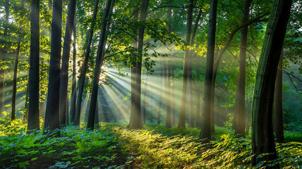 Obraz premium Sunbeams dance through ancient trees creating magical forest ambiance serenity peace