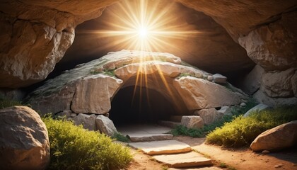 Stone Cave Entrance with Sun Rays Illuminating Path to Hope and Resurrection