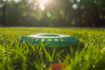 ONE stunning close up of one vibrant green frisbee made of eco friendly plastic, resting gracefully on lush green grass of one sun drenched park, creating one picturesque scene of outdoor fun and enjo