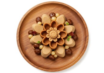 Elegant dessert arrangement with flower design on wooden plate, top view