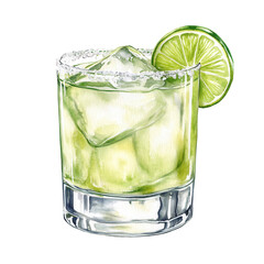 PNG Tommy's Margarita cocktail with lime wheel and ice cubes in a clear lowball glass. Watercolor illustration isolated on transparent background. Tequila-based summer drink. Mexican cocktail