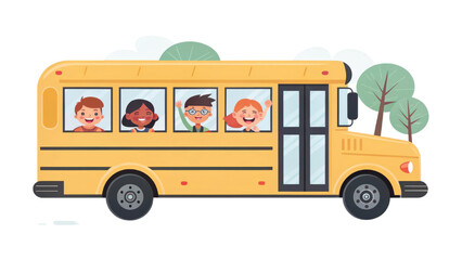 Cheerful yellow school bus with happy children looking out of windows, surrounded by trees and bright sky, symbolizing education and fun journeys