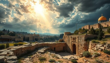 Fototapeta premium Majestic Golden Dome Mosque View from Ancient Ruins Historical Site under Dramatic Sky