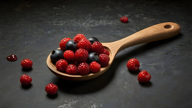 Fresh raspberries and blueberries in wooden spoon on a dark textured surface showcasing healthy fruit for food and culinary concepts