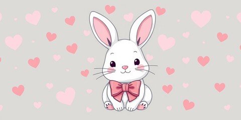 Obraz premium Adorable bunny with pink bow, hearts texture, kawaii style seamless pattern on grey background, vector, pastel