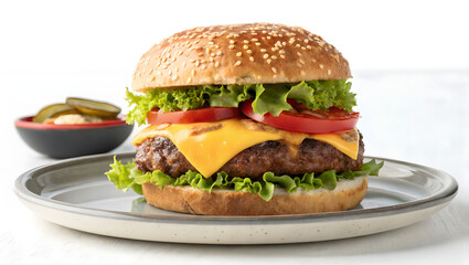 A delicious hot cheese burger with a sesame seed bun, crispy, melted cheddar cheese, fresh lettuce.