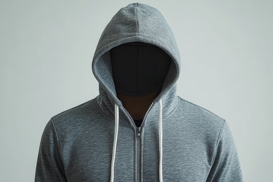 Anonymous Figure in Grey Hoodie Hidden Identity Mysterious Neutral Background Simple Composition