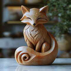 Realistic fox sculpture wood material high resolution image