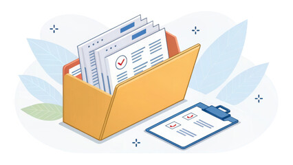 Illustration of yellow folder containing organized documents with checkmarks, symbolizing completed tasks or organized paperwork. clipboard with checklist is placed beside folder, emphasizing