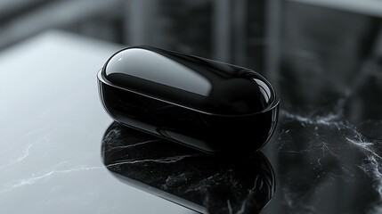 Sleek black wireless earphone charging case on marble surface.