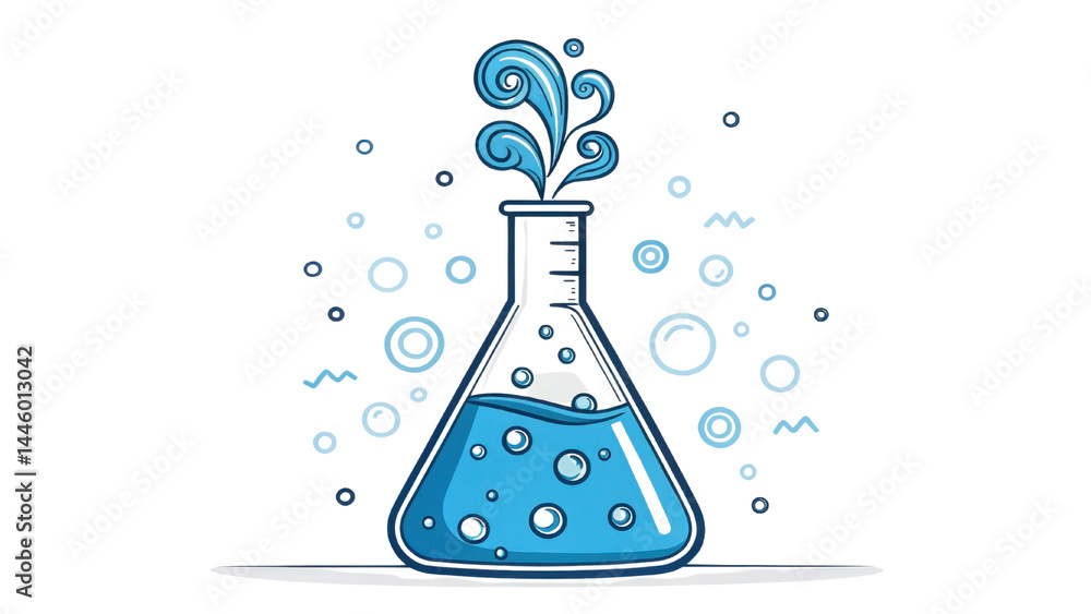 Poster blue laboratory flask with bubbling liquid and steam rising, surrounded by floating bubbles and abst