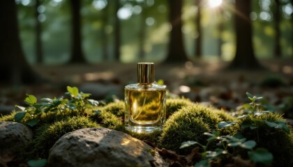 A perfume bottle sits on lush moss in a sunlit forest, surrounded by greenery and natural beauty.