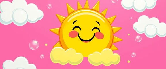 Obraz premium Cheerful cartoon sun, colorful clouds, bubbles, pink background, joyful, playful, art, joyful
