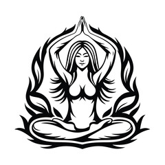 Stylized Woman in Lotus Pose with Floral Elements, Black & White Isolated