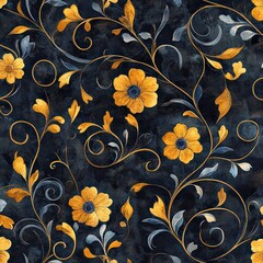 Elegant Floral Pattern in Warm Gold and Blue Tones on Dark Background