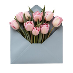 Light Blue Envelope with Pink Tulips Mockup – Elegant and Floral Envelope Design for Invitations, Greetings, and Branding Isolated on White Background