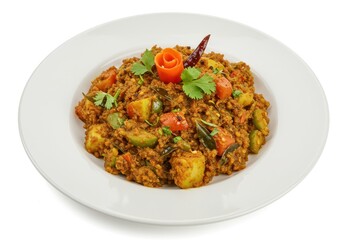 Indian dish with lentils, vegetables, and spices on a white plate