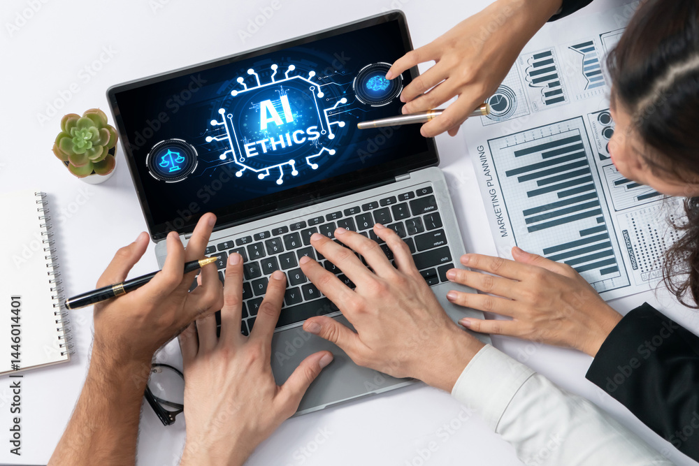 Poster ai ethics responsibility standard law and rules on computer screen provide report of ai ethic transp