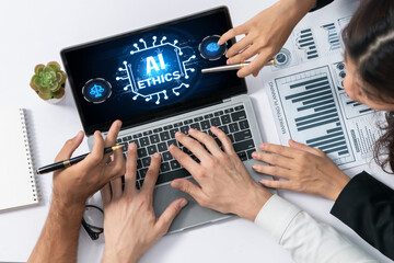 AI ethics responsibility standard law and rules on computer screen provide report of AI ethic...