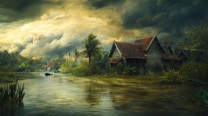 Fototapeta premium Tranquil village by a river under dramatic sky