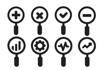 Magnifying Glass Icon Set with Symbols &ndash; Black Silhouette Vector Collection Featuring Plus, Minus, Check, Graph, Gear, Pulse, and Arrow Icons for Analysis, Search, Settings, and Data Visualization
