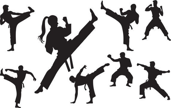 Vector illustration of martial artists in action-packed poses including high kicks, punches, and defensive stances. Ideal for sports, training, or combat-themed design projects.
