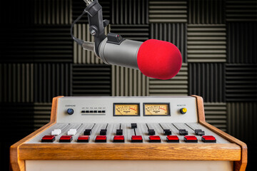 Professional microphone and sound mixer in radio station studio