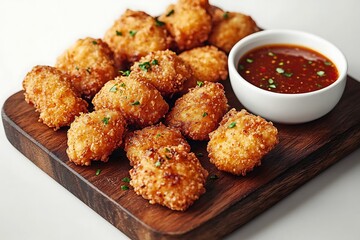 Golden Fried Chicken Bites with Sweet Red Chili Sauce on Wooden Board Top Angle