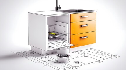 Modern kitchen cabinet design showcasing open drawers and detailed blueprint layout