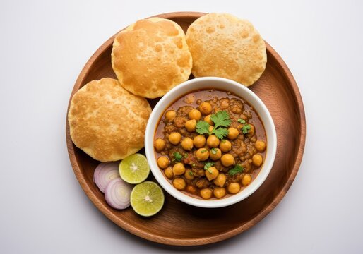 Chana masala and puri served on a wooden plate with lime and onion