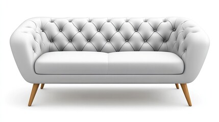 Elegant, light gray tufted sofa with mid-century legs.