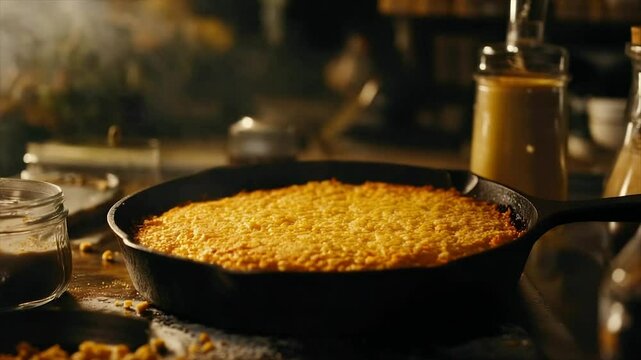 Golden, steaming cornbread in cast iron skillet, surrounded by cooking ingredients