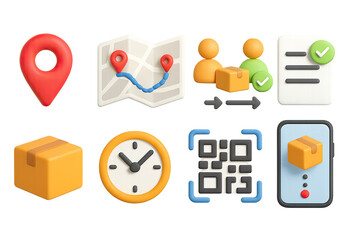 Delivery and logistics 3d icon set – isometric package tracking, shipping, business symbols for distribution: map, location pin, parcel, qr code, contacts, checklist, clock