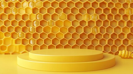 Two-tiered yellow podium against a honeycomb backdrop with honey dripping.