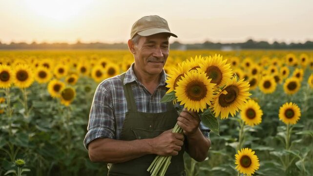 Caucasian male farmer holding sunflowers in vast field at sunset. Agricultural worker harvesting golden blooms. Sustainable farming and organic crop production