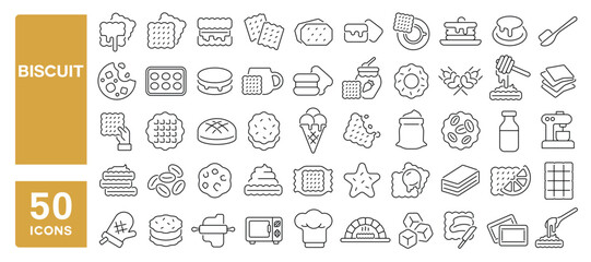 Set of 50 line icons related to biscuit, cracker, cookie, crisp, crumb, baked, tea biscuit, bite, sweet, chip, Editable stroke. Vector illustration