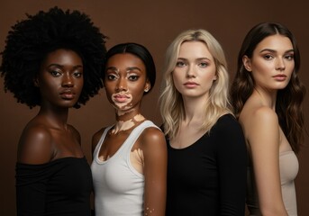 Obraz premium Diverse women standing together in front of a brown background in a studio shot