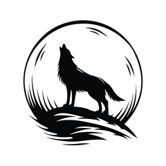 Howling Wolf Silhouette Design with Full Moon Crest in Black and White