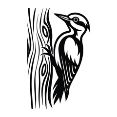 Stylized Woodpecker on Tree Trunk, Black & White Illustration, Nature, Wildlife Icon