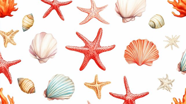 Sea Star and Seashell Watercolor Seamless Pattern
