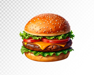 Burger watercolor illustration, isolated vector fast food hamburger or cheeseburger with meat, onion, tomatoes, cheese, lettuce. 