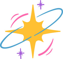 Twinkling Yellow Starburst with Curved Pink Orbit