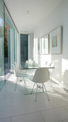 A minimalist dining area with a glass table, modern white chairs, and simple artwork hanging above. Soft natural light fills the space from floor-to-ceiling windows, creating a peaceful atmosphere.