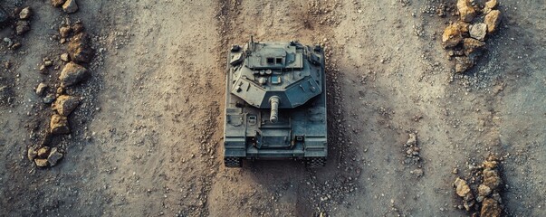 An overhead view showing a military tank on a terrain path