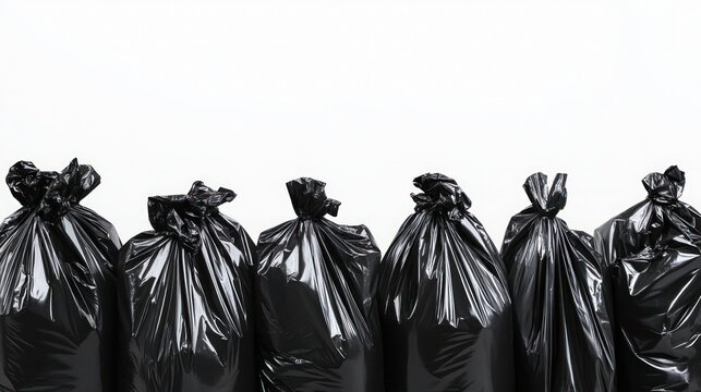 Row of full black garbage bags isolate on white background