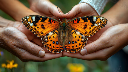 Gentle hands cradle a vibrant painted lady butterfly, symbolizing the delicate balance of nature and the protective power of family.