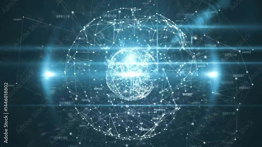 Poster central network sphere glowing and floating in dark digital space, showing streaming numeric data
